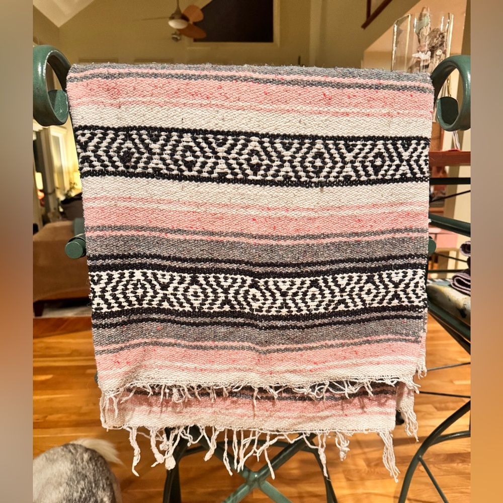 Mexican Woven Aged Blanket - Pink Gray and Black Striped Throw - Authentic